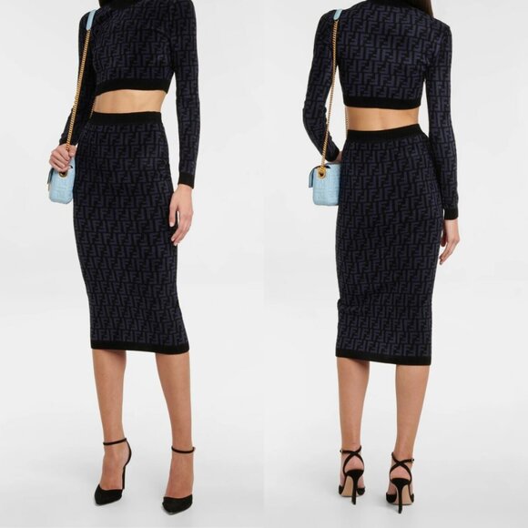 NWT Fendi FF Midi Pencil Skirt Black Knit FF Motif Cotton Sz 36 - Picture 1 of 9